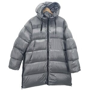 Women XL Metallic Gray Puffer Down Coat Hooded Jacket Mid Length Pockets Winter